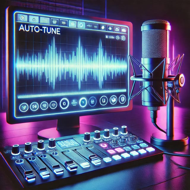 DALL·E 2025-02-20 13.29.11 - A futuristic music studio with a glowing digital interface displaying Auto-Tune settings. A microphone is connected to a computer screen, showing a vo